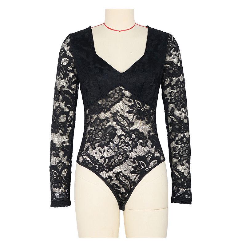 Body da Donna con Scollo Quadrato e Patchwork di Pizzo - Sexy Monopezzo a Manica Lunga