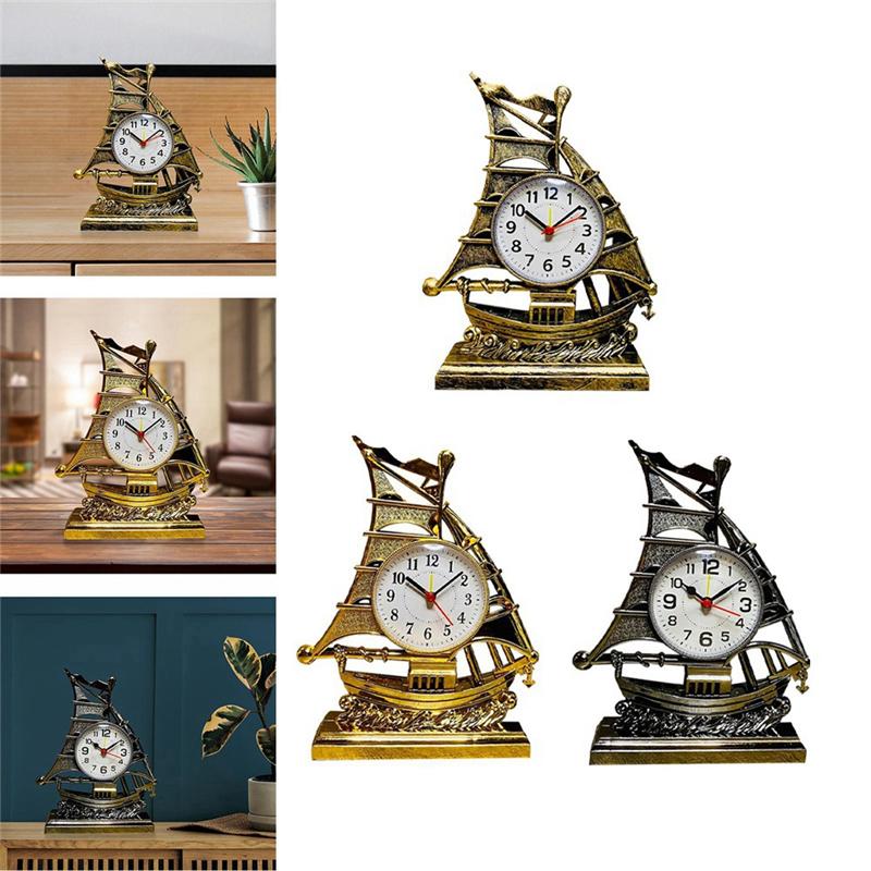 A44Z-Clock Alarm Sailboat Table Vintage Retro Model Ornament Nautical Desk Clocks Boat Figure Silent Bedside
