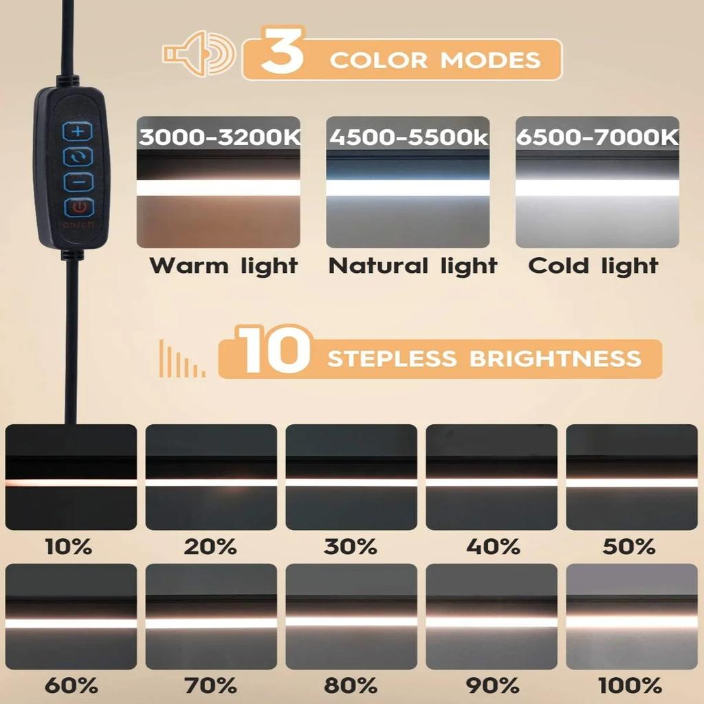 New LED Desk Lamp Clip Light Clamp Long Arm Dimmable Table Lamp 3 Colors Adjustable Reading Computers