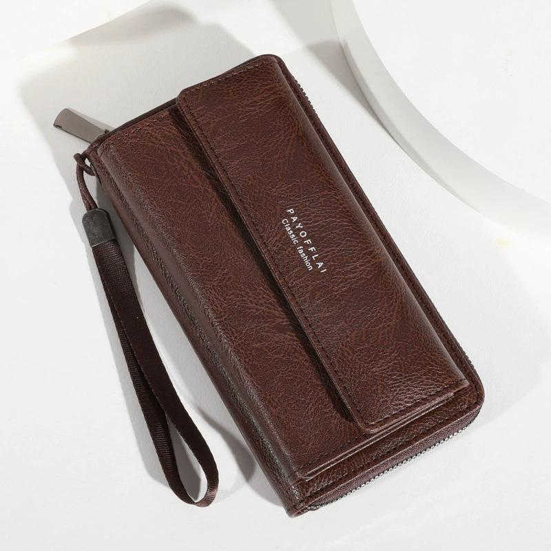 Classic Men's Faux Leather Coin Wallet Double Layer with Snap Closure Zippered Card Holder Large Capacity Long Wallet Clutch Bag
