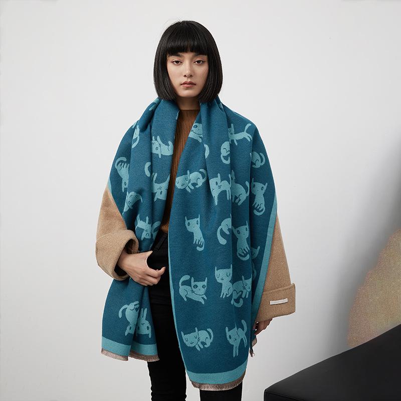 Winter Imitation Cashmere Warm Scarf Female Cute Wind Cartoon Kitten Air Conditioner Decoration Thick Shawl Long Scarf