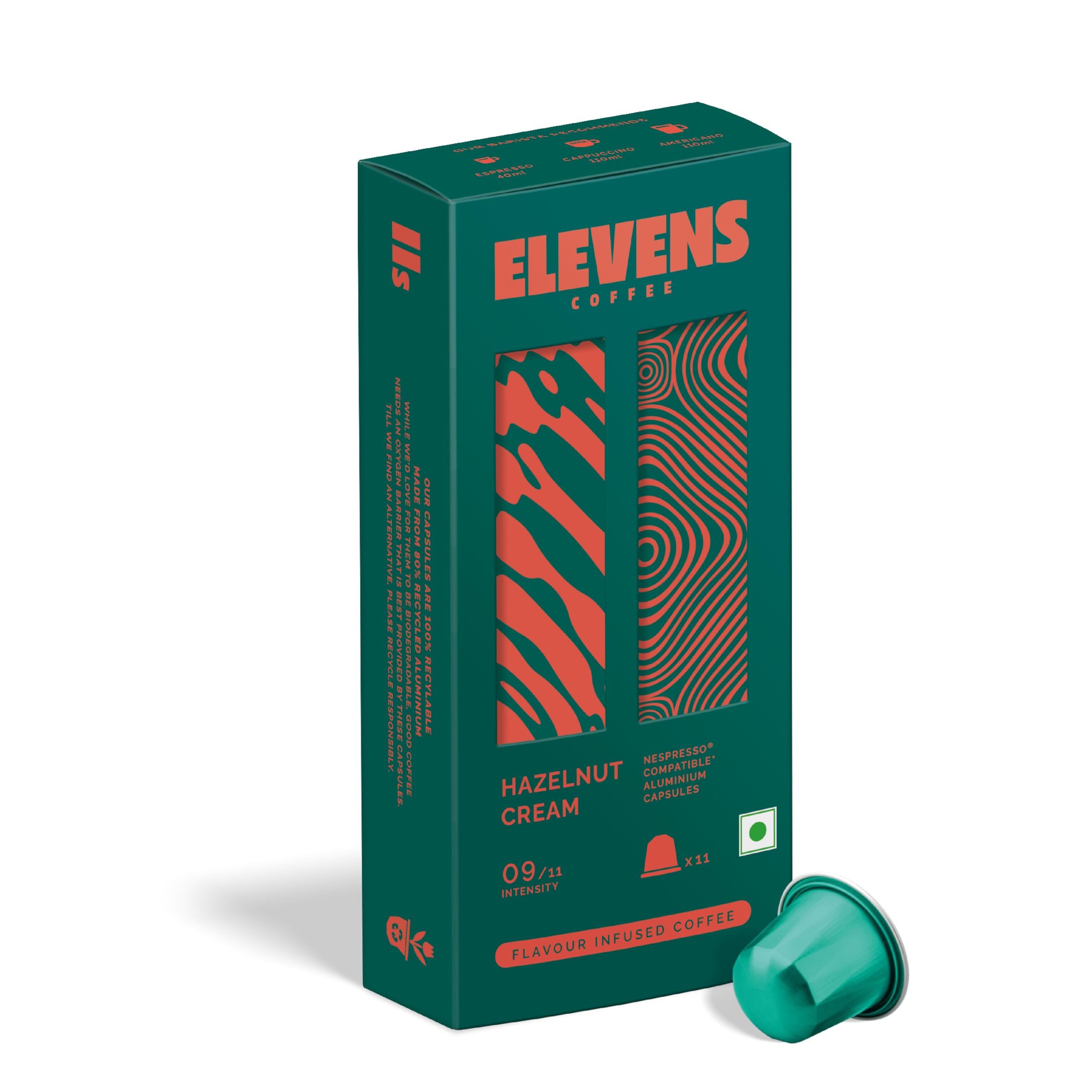 ELEVENS COFFEE | Hazelnut Cream | Hazelnut Flavour Infused Coffee Capsules | 100% Roasted & Ground Coffee | 11 Aluminium Coffee Pods (10 + 1) | Dar