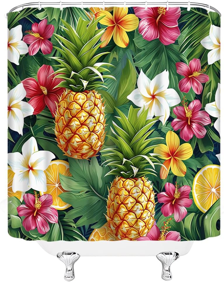 Tropical Pineapple Hibiscus Flower Shower Curtain 70X70 Inches Hawaiian Summer Theme Bathroom Decor