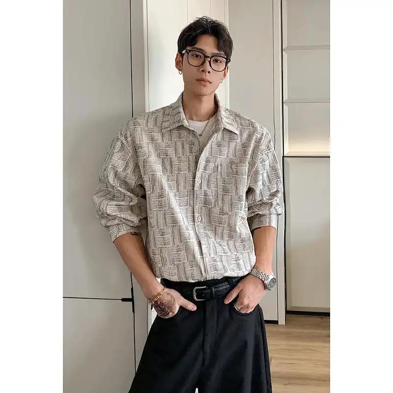 

Summer Men s Textured Woven Long Sleeve Shirt - Loose Fit Casual Button-Down Blouse L бежевий