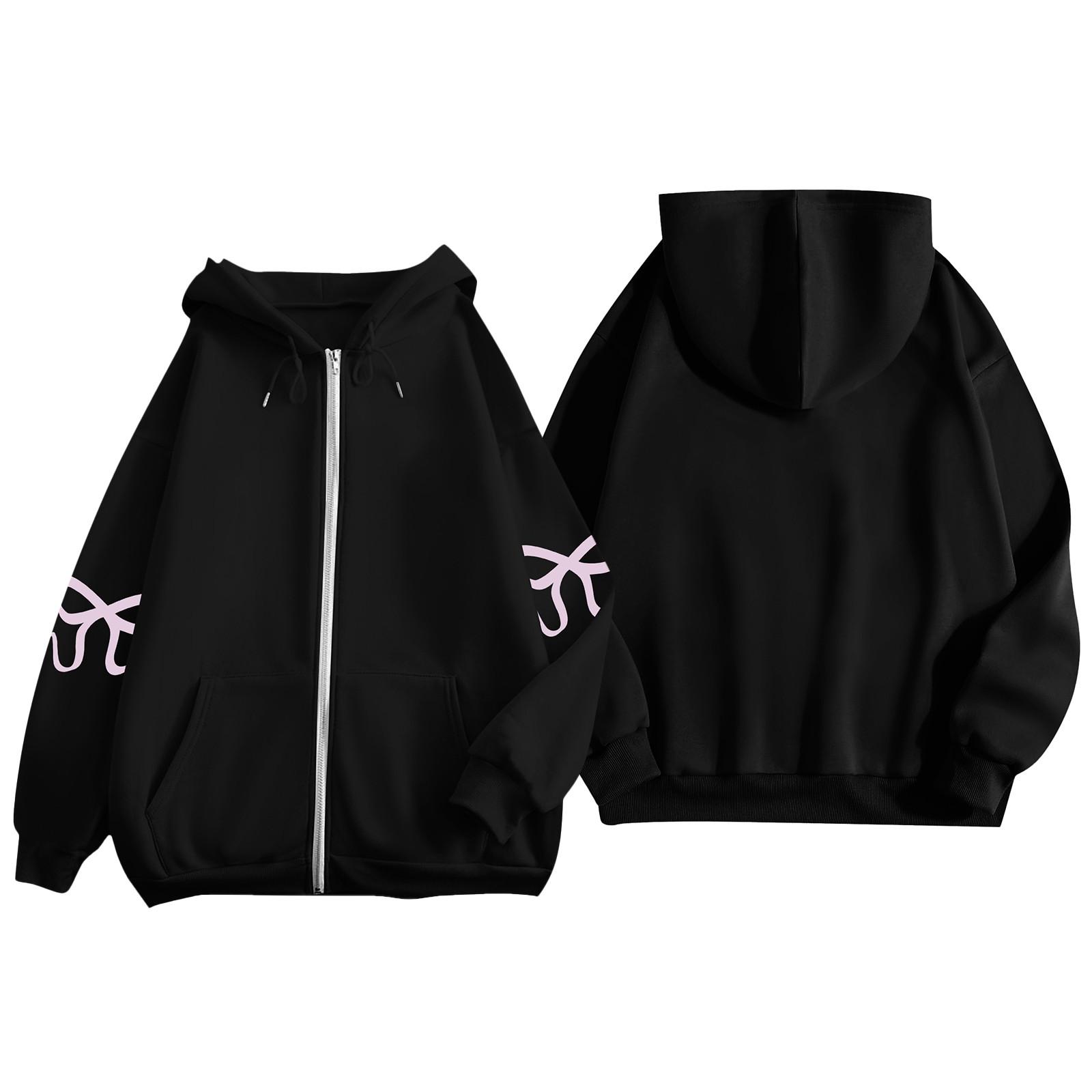 

Женская куртка-кардиган с длинными рукавами и карманами, с принтом бантов, на молнии, с капюшоном, пальто XL чёрный