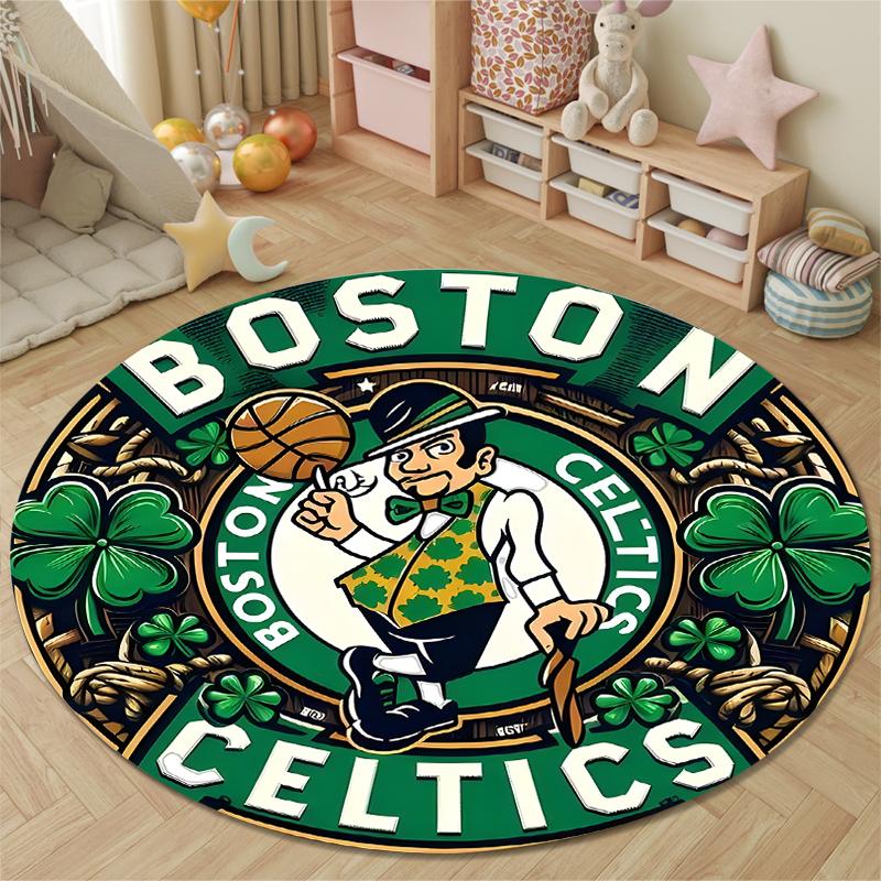 Round Area Carpet Boston Celtics Basketball Leprechaun Shamrock Logo Sports Fan Bedroom Decor