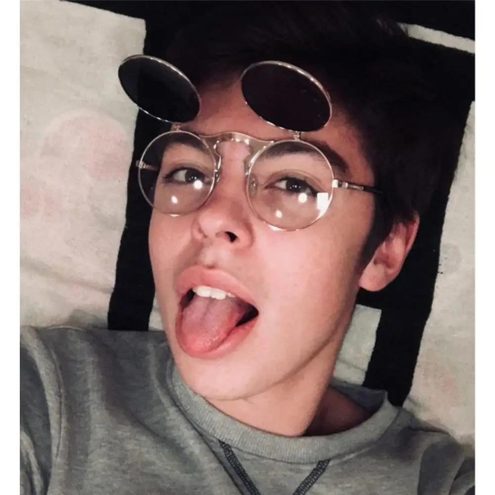 Retro Flip Round Sunglasses Man Woman Metal Steampunk Style Sun Glasses Male Female Double Circular Clear Lens Eyeglasses