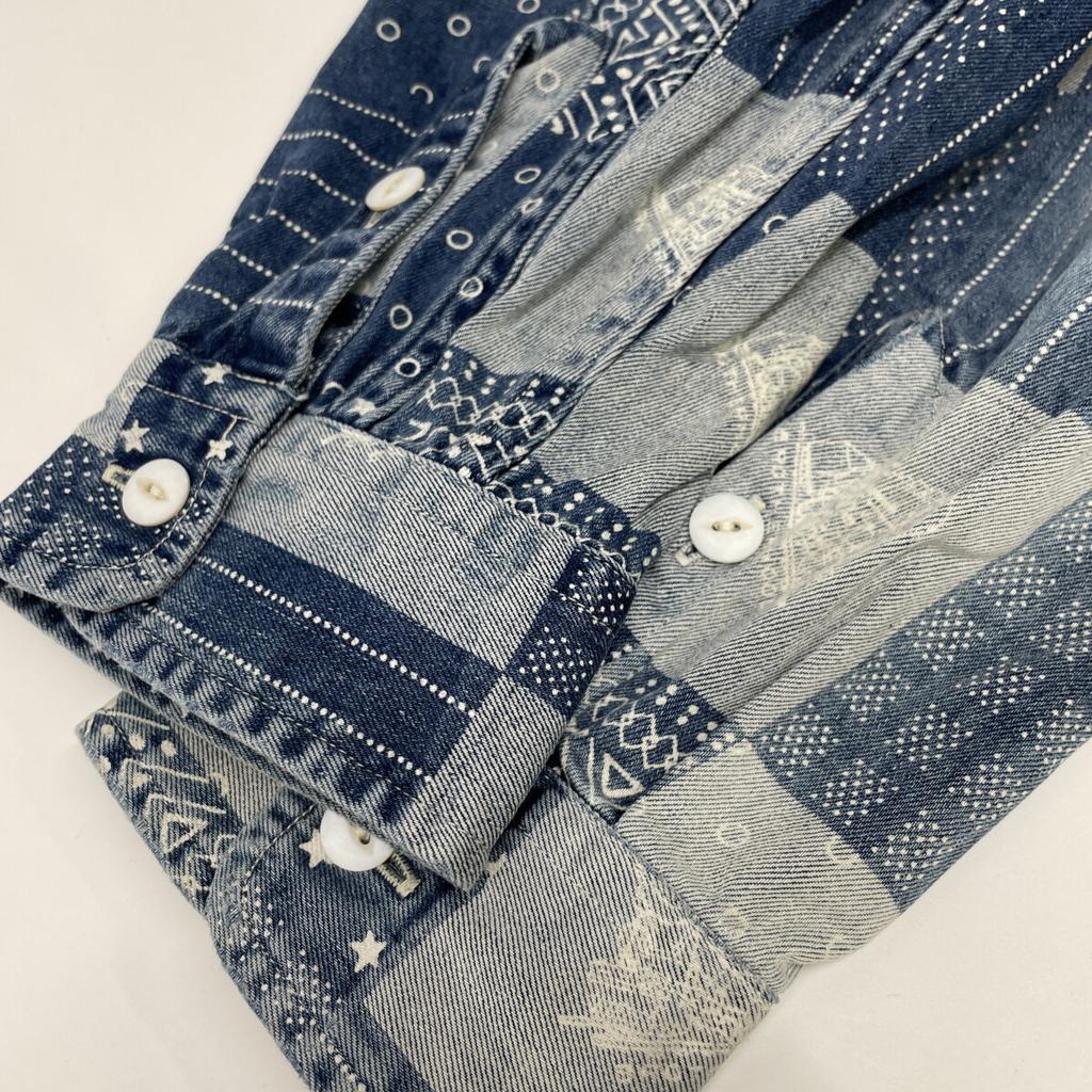 RRL Indigo X Blue Band Color Print Patchwork Shirt Tops M Indigo X blueUsed