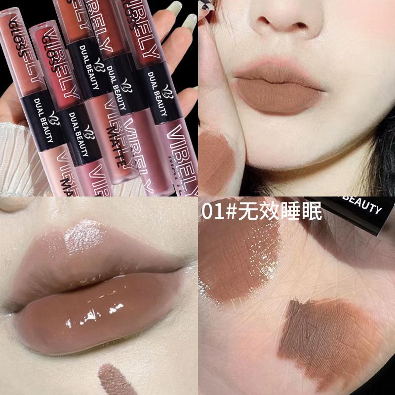VIBELY Kleben Sie nicht auf die Tasse mit doppelköpfigem Wasser, leichtem Spiegel-Lippenglasur ohne Farbe, samtmattem, mattem, weißem Lippenschlamm
