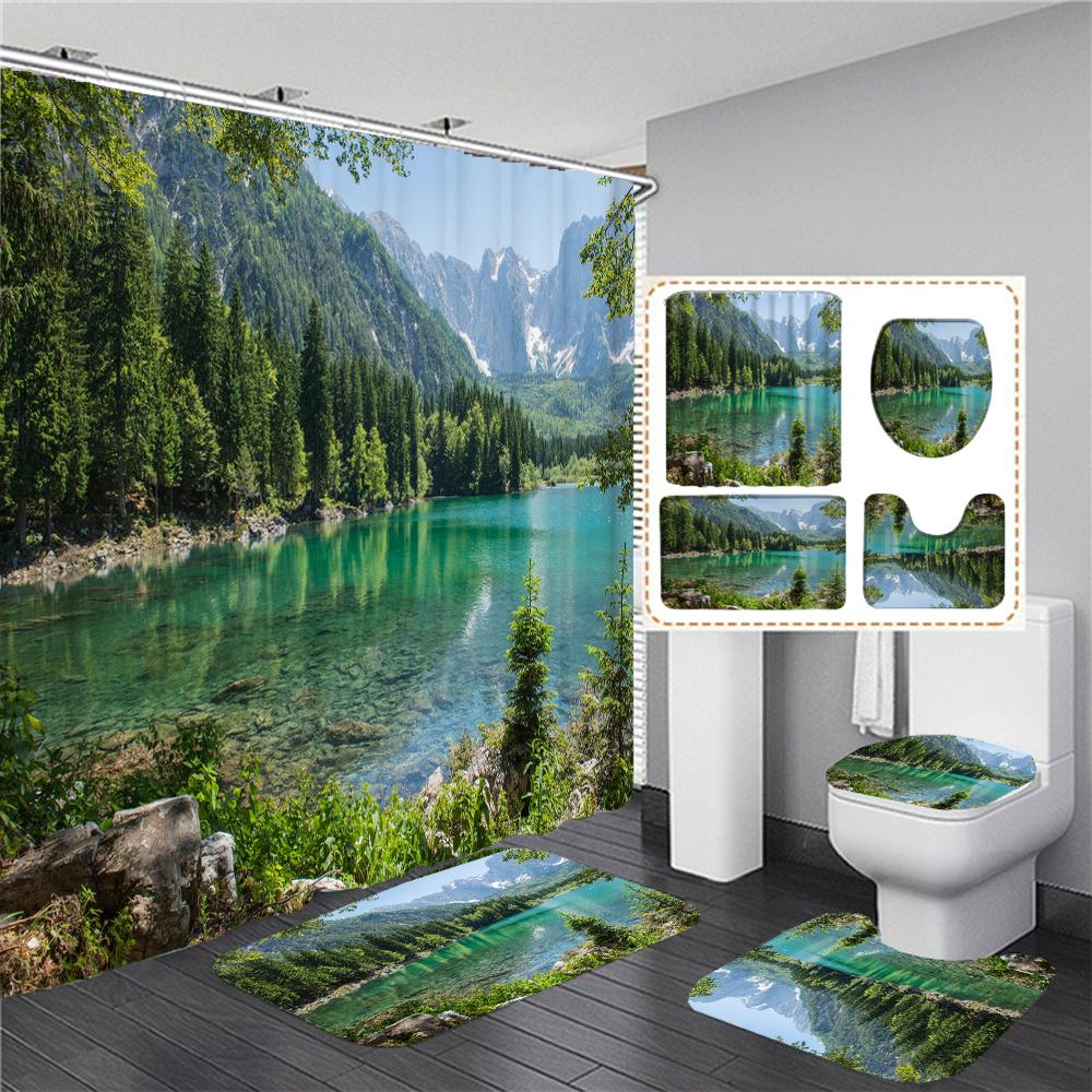 3D Natural Forest Landscape Printed Waterproof Fabric Bathroom Curtain Shower Curtains Set Anti-Skid Rugs Toilet Cover Bath Mat
