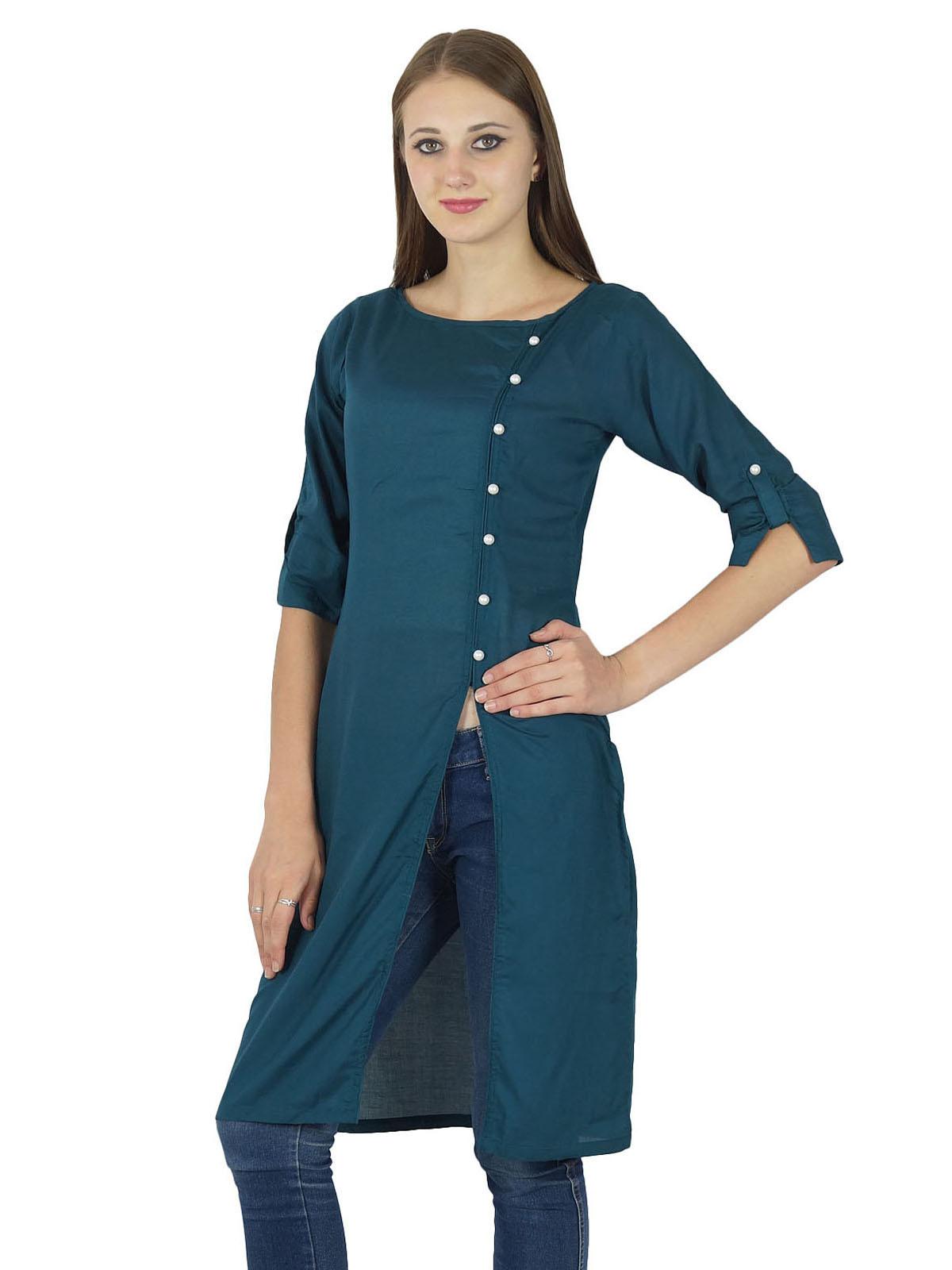 

Дизайнерська індійська боллівудська жіноча бавовняна суцільна повсякденна верхня туніка Kurta 8 чирок зелений колір