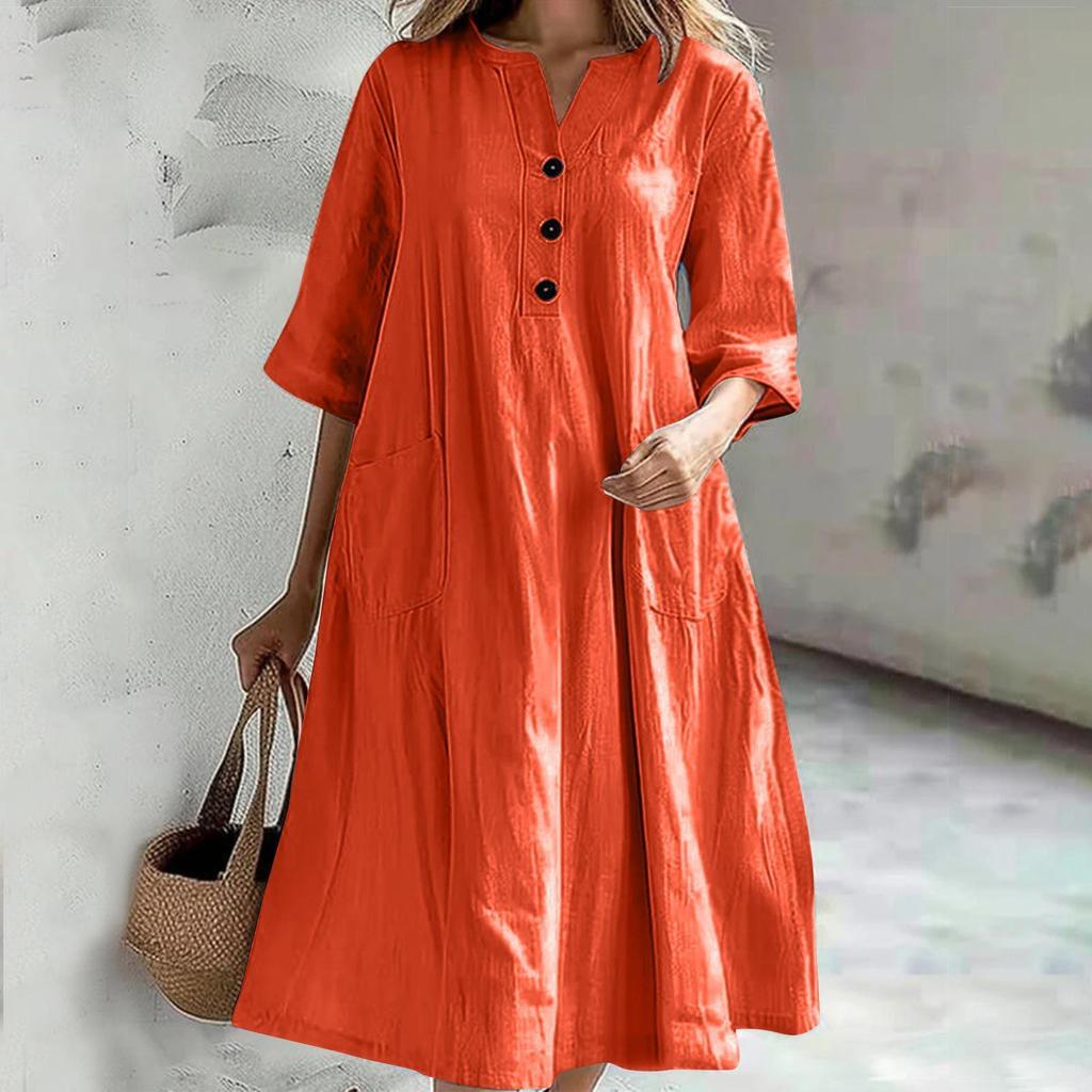 Women Fashion 3 Buttons V Neck Dresses Casual Plus Size Half Sleeve Loose Solid Color Cotton Linen Dress