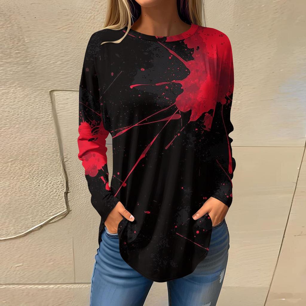 Damenmode Lockerer Rundhals Halloween-Druck Langarm T-Shirt Top Pullover