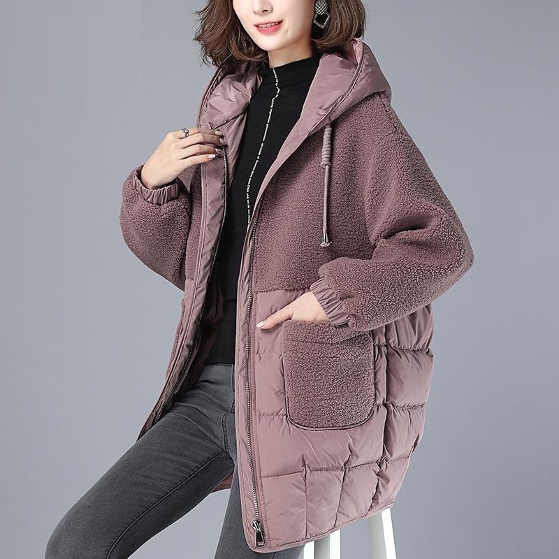 Cappotto invernale da donna alla moda, spesso e caldo, in cotone, con cappuccio, termico, di media lunghezza, in lana d'agnello