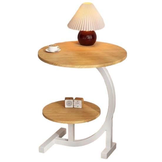 2-poziomowy stolik boczny w kształcie litery C, mały stolik kawowy z drewnianym blatem, metalowa rama