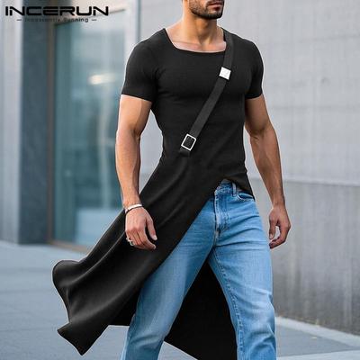Men Summer Square Collar Short Sleeve Splits Tops Thin Tunic T-shirts