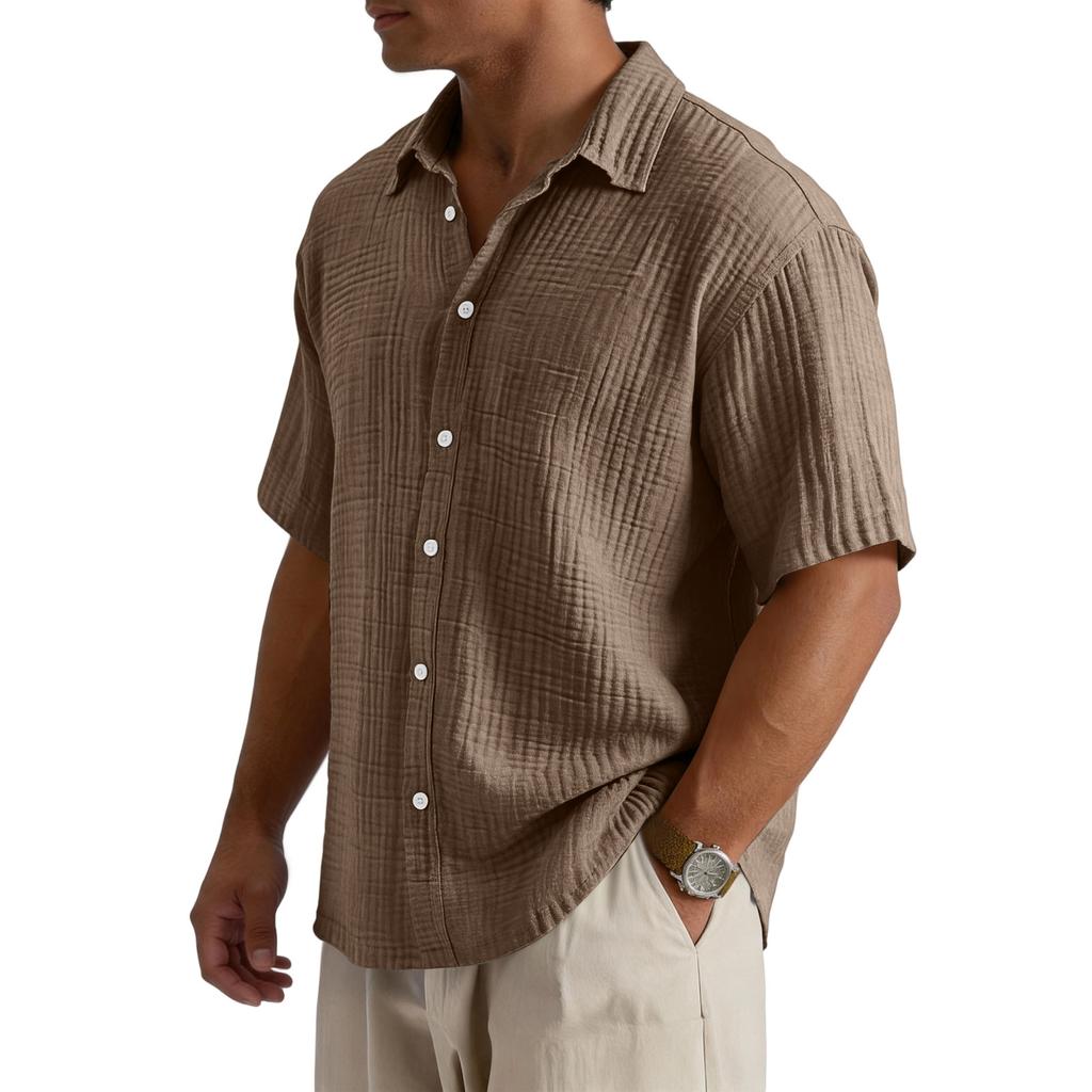 Men’s Loose Fit Casual Cotton Crinkle Texture Shirt Short Sleeve Button Down Collared Top for Everyday Wear
