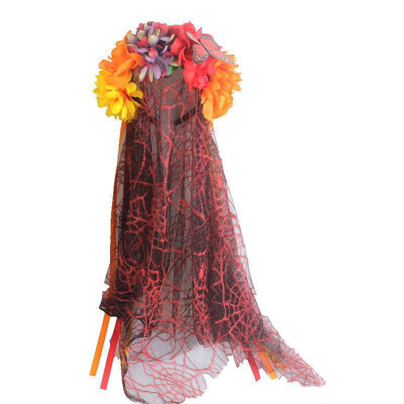 Artificial Veil Headband Halloween Headband Wreath Rose Streamer Headdress Rose Red Yarn Headband decoration