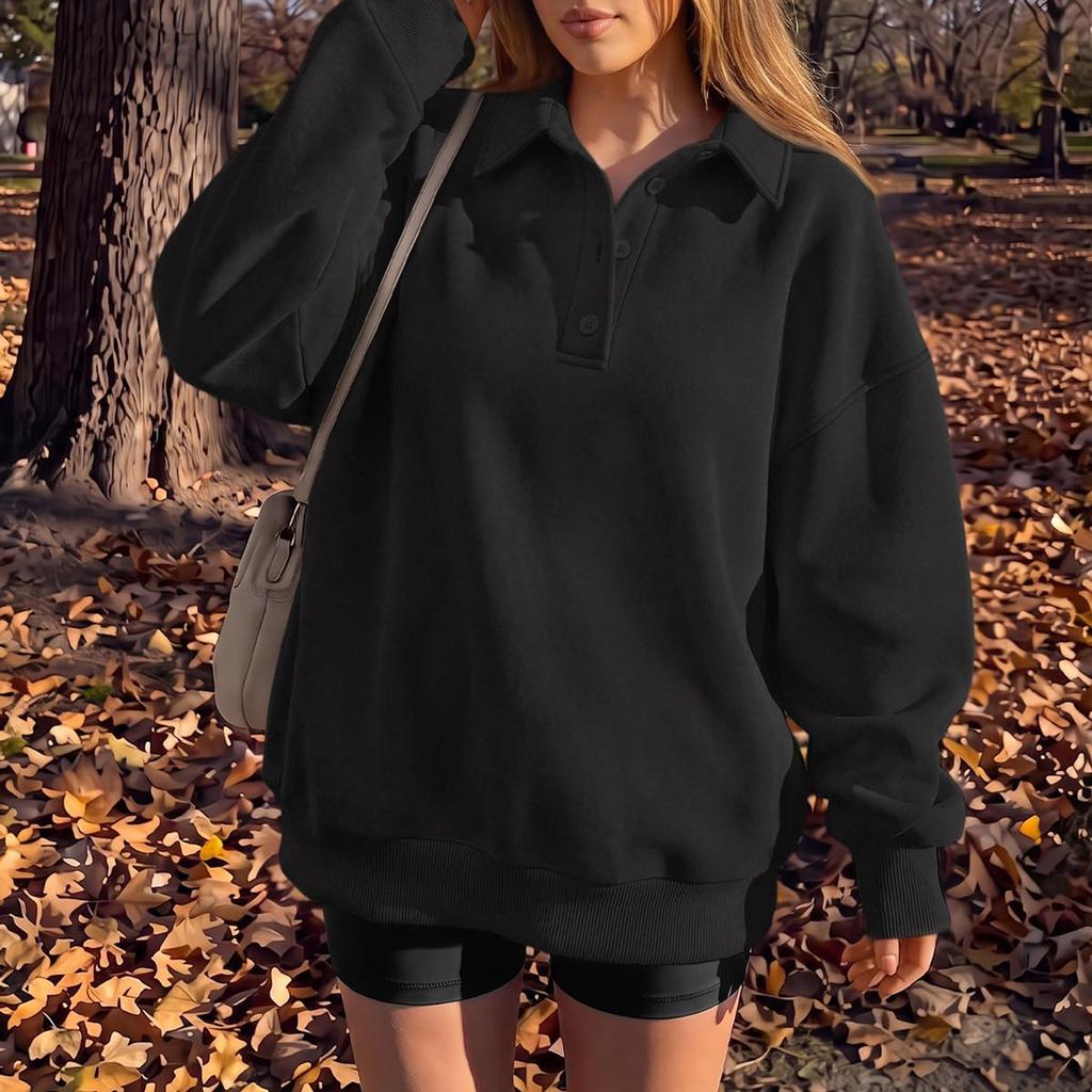 Women's Casual Loose Fit Button-Down Collar Long Sleeve Pullover Sweatshirt