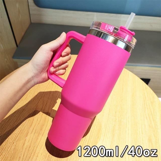 40oz 304 stainless steel vacuum insulated water cup with handle, straw cover, car portable sports travel cup leak proof design 40oz -1200ml розы красного
