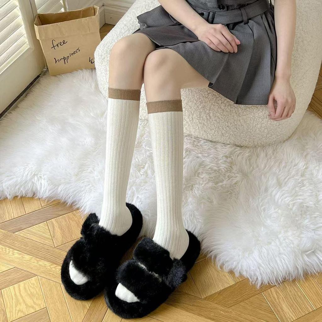 Fashion Color Blocked Calf Socks for Women Autumn Winter Cotton Knitted Warm Knee High Sock Ins Korean Girl Pile Long Socks