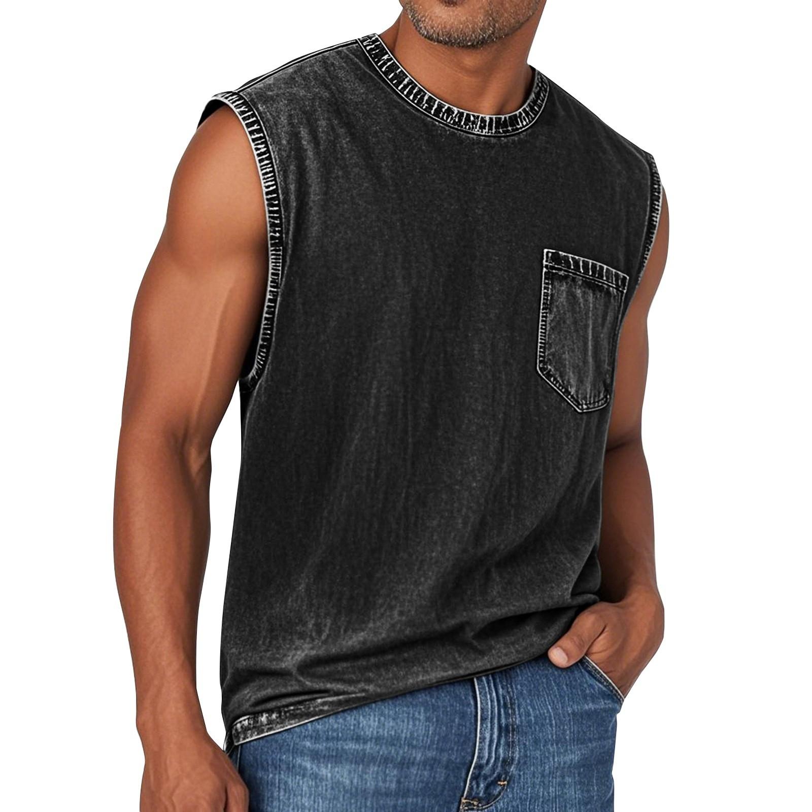 

Мужской летний однотонный жилет с карманом, спортивный, с круглым вырезом, мужской спортивный повседневный жилет M чёрный