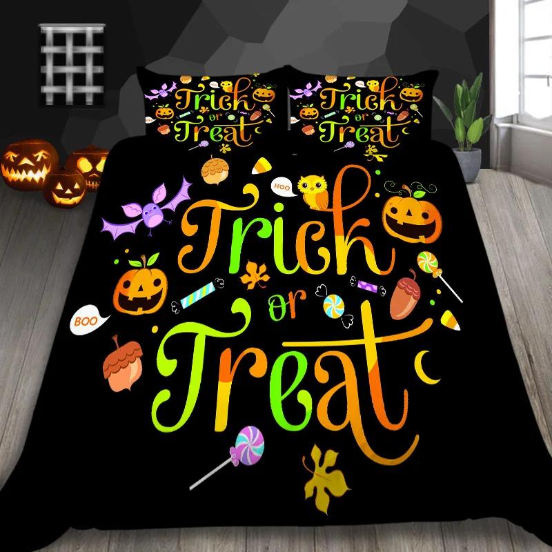 Halloween Pumpkin King Queen Duvet Cover Cartoon Black Cat Bedding Set Kids Girls Orange Pumpkin Lantern Polyester Quilt Cover