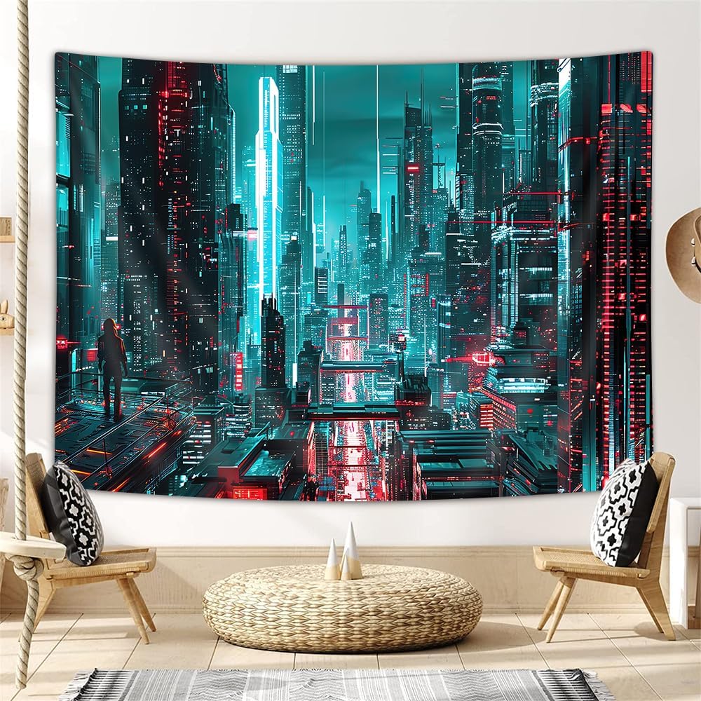 Cyberpunk City Wall Tapestry Neon Urban Art Sci Fi Landscape Bedroom Decor Futuristic Cityscape Hanging Tech Design