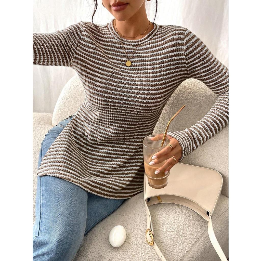 Nowa, swobodna, damska koszula z okrągłym dekoltem i długim rękawem, uniwersalny top z rozcięciem, seksowny T-shirt