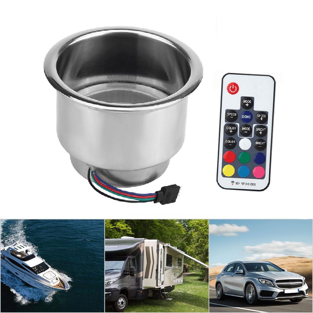 Cup Holder RGB LED Light Drink Cup Holder Remote Control Stainless Steel for Marine Boat Car Truck R