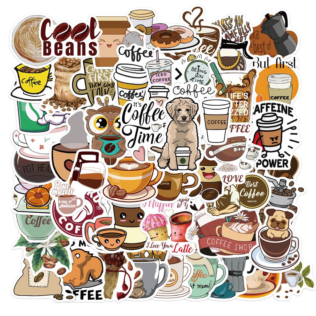 50 Cartoon Coffee Doodle Stickers Suitcase Motorcycle Laptop Waterproof Stickers