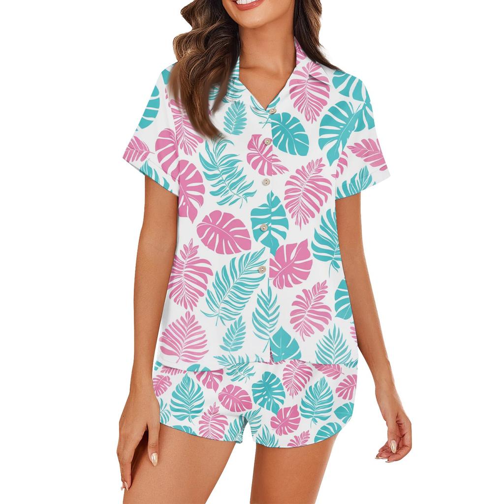 Women's Ice Silk Pajamas Button Homewear Hawaiian Print Short Sleeve Satin Pajama Set
