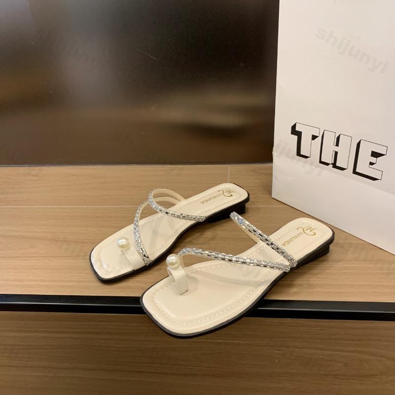 Fashion Summer Women Slippers Pearl Fashion Flat Clip Toe Flip Flops Outdoor Rhinestones Non-slip Beach Slipper Female Square Toe Sandal