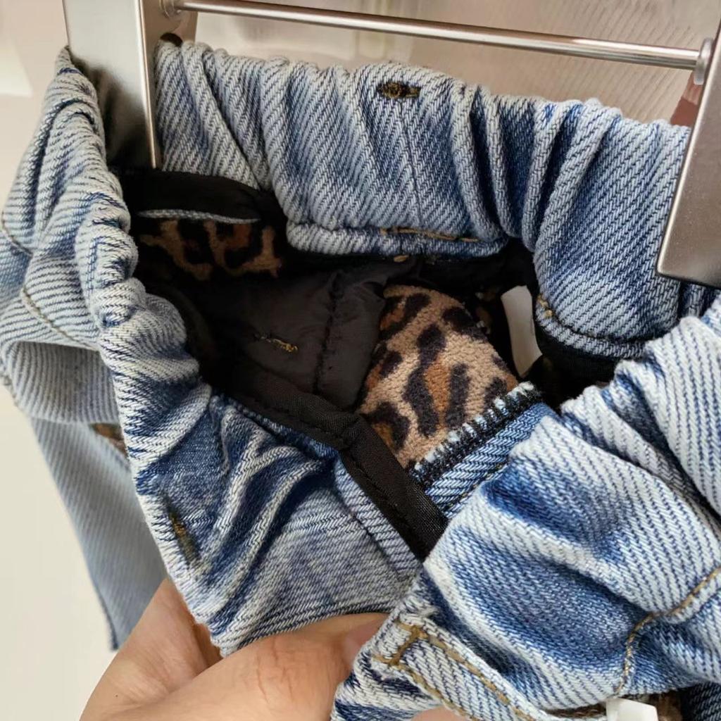 Herbst Winter Mädchen Leopardenmuster Jeans Kinder Gerade Verdickt Weitbeinjeans