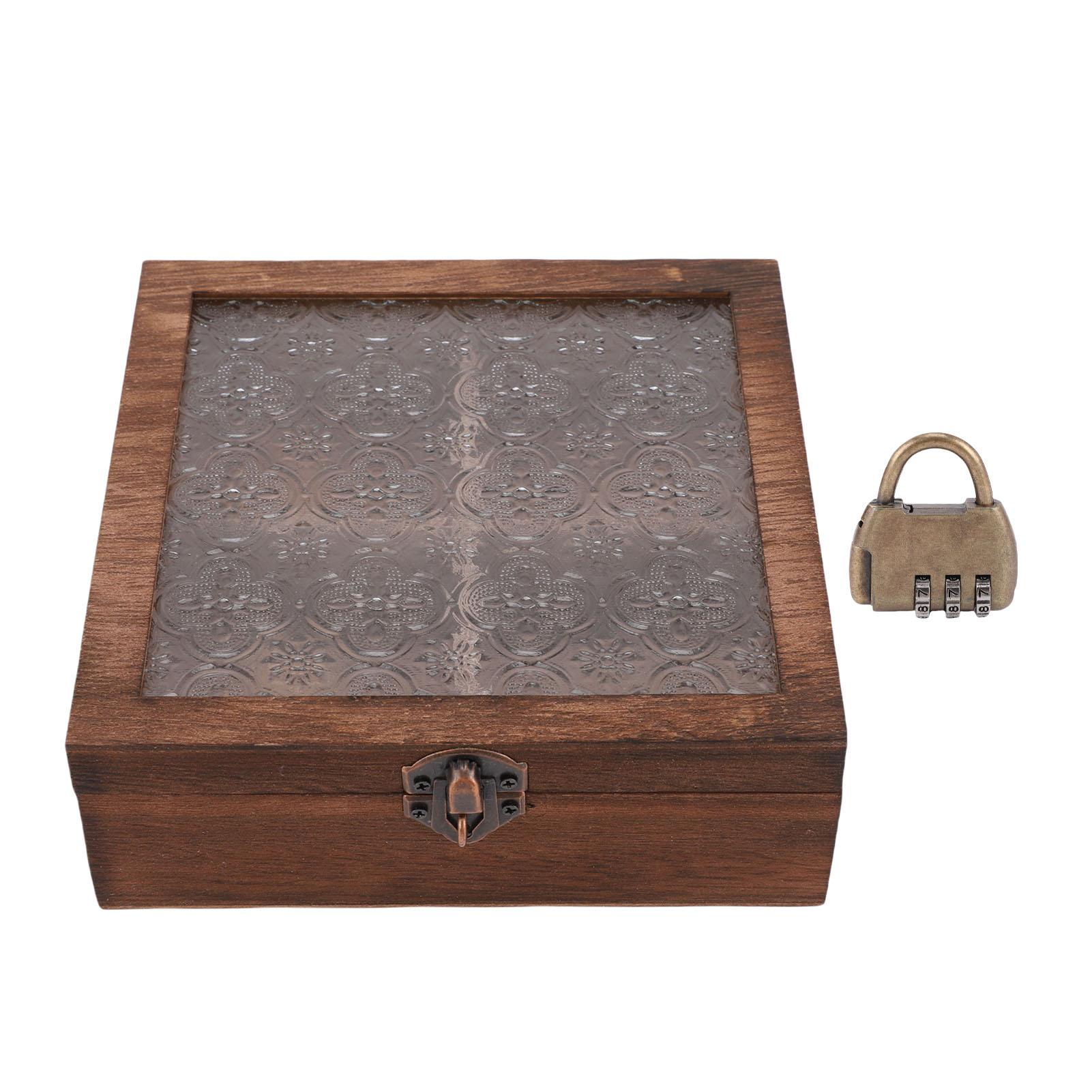 Vintage Floral Wooden Makeup Organizer Box Jewelry Storage Small Decorative with Glass Lid Quadrate Small
