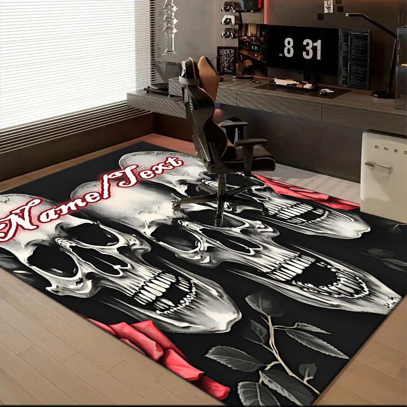 1PC Custom Name Skulls Roses Artwork Theme Floor Mat Ideal for Living Room, Game Rooms, Office, Bedroom,Floor Mat Playful Design
