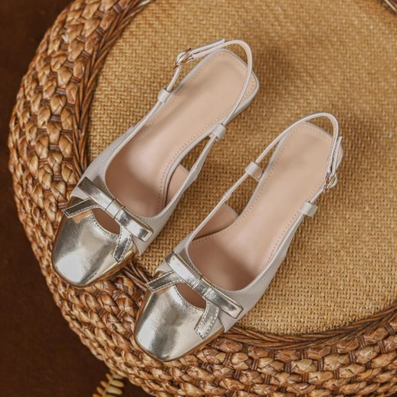Fashion Colorblock Wrapped Toe Square Heel Sandals Summer Square Toe Open Toe Bow Slip Strap Anti-Slip Wear-Resistant Kitten Heels