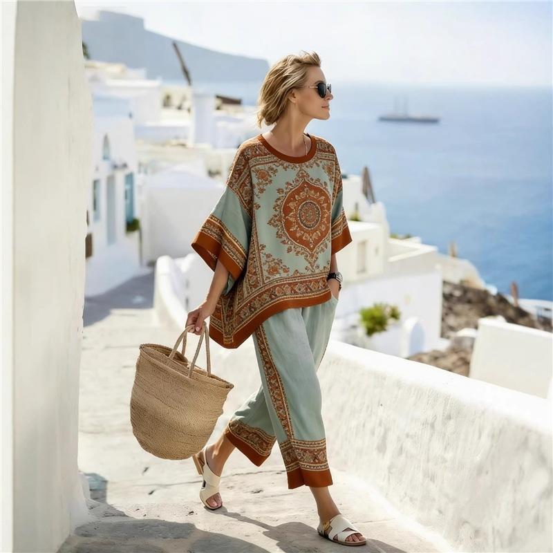 1116 European and American Bohemian Style Printing Suit Women's Loose Casual Shirt Wide-leg Pants Two-piece Set New
