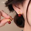 18k real gold electroplated new Chinese zircon copper coin red bead earrings retro simple earrings