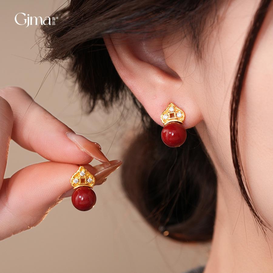 18k real gold electroplated new Chinese zircon copper coin red bead earrings retro simple earrings