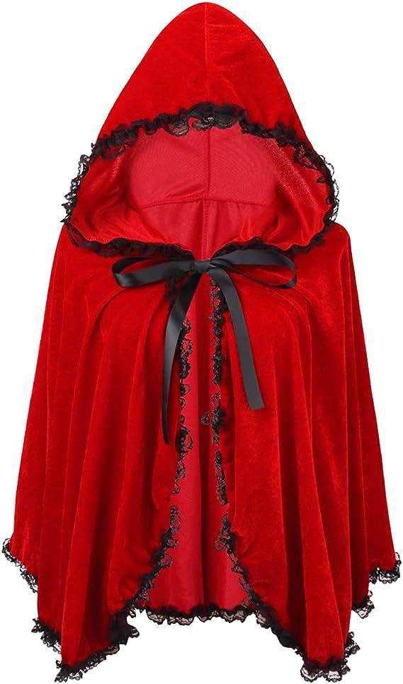 Women's Red Hooded Cape Halloween Cloak Lace Trim Short Stage Costume Coat