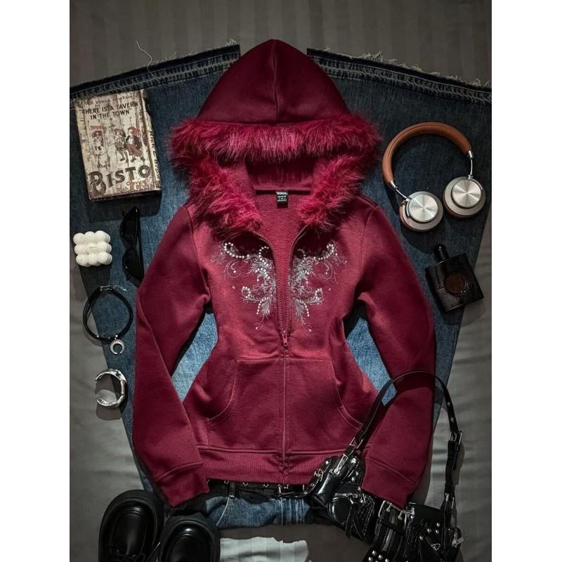 Graphic Rhinestone Hooded Zip Sweatshirt Gothic Punk Style Short Streetwear Women