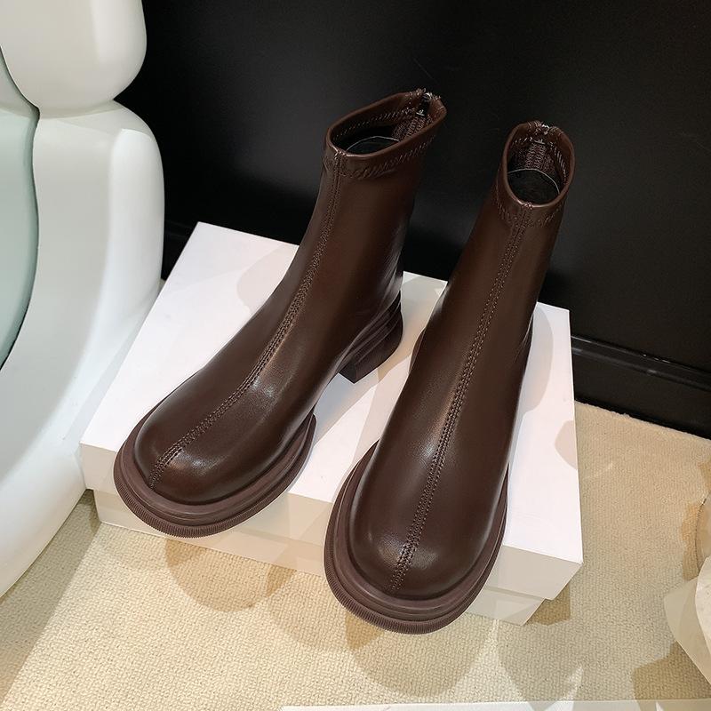 New Thick-soled Martin Boots Soft-sided Thick Heel Inner Heightening Velvet Women's Short Boots Rear Zipper Medium Tube Elastic Thin Boots