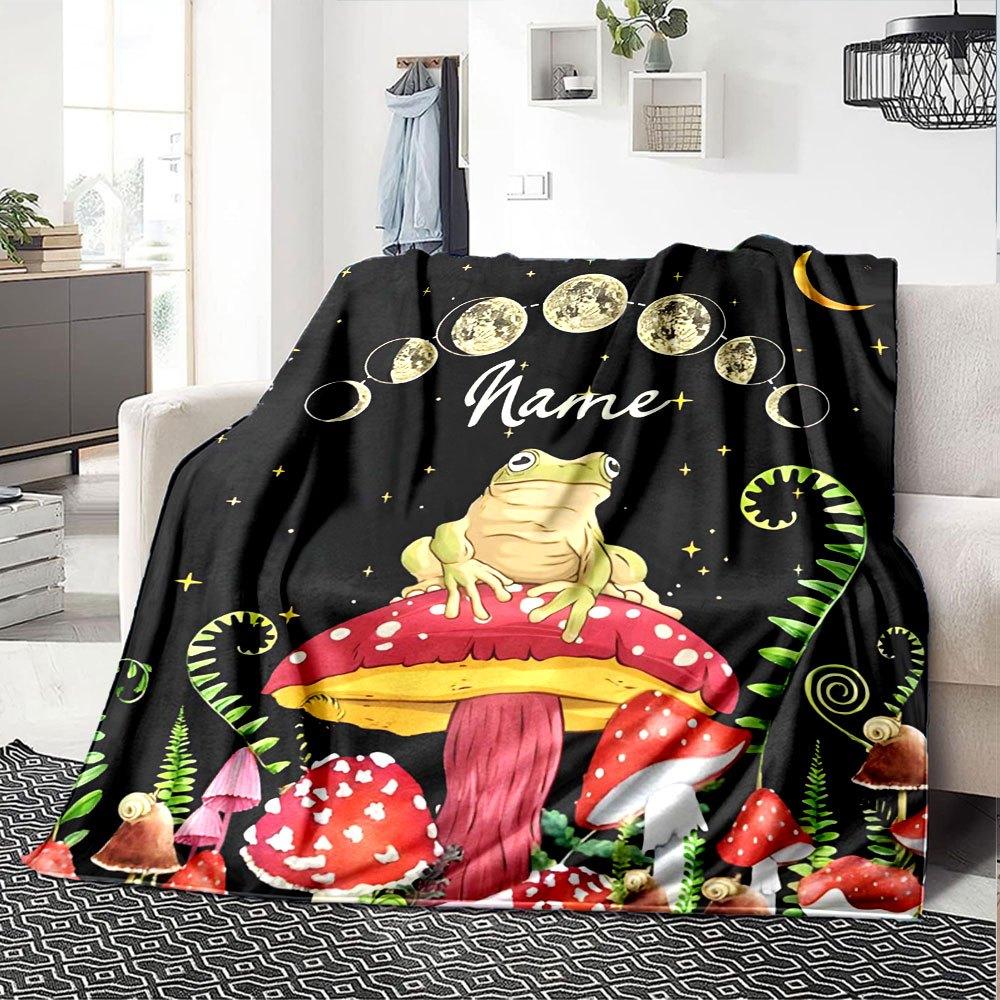 Frog On Mushroom Under Moonlit Sky Gift Personalized Blanket Personalized Name Soft Warm Cozy Versatile For Sofa Couch Office Bed Picnics For All