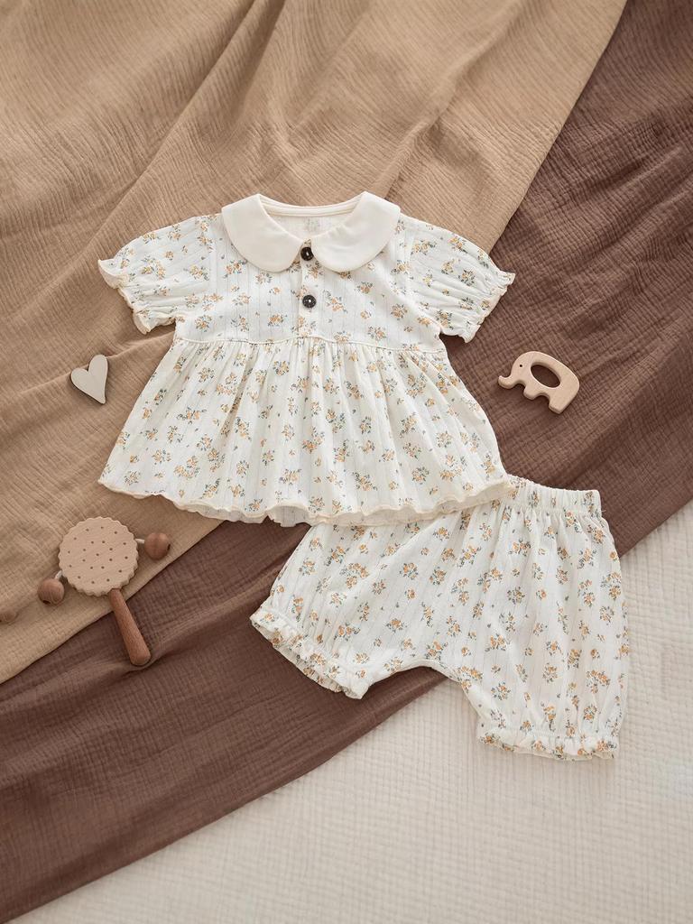 Summer Baby Girls' Floral Cotton Two-Piece Set: Breathable, Ultra-Thin Short Sleeve with Expanded Diaper Area for Infants
