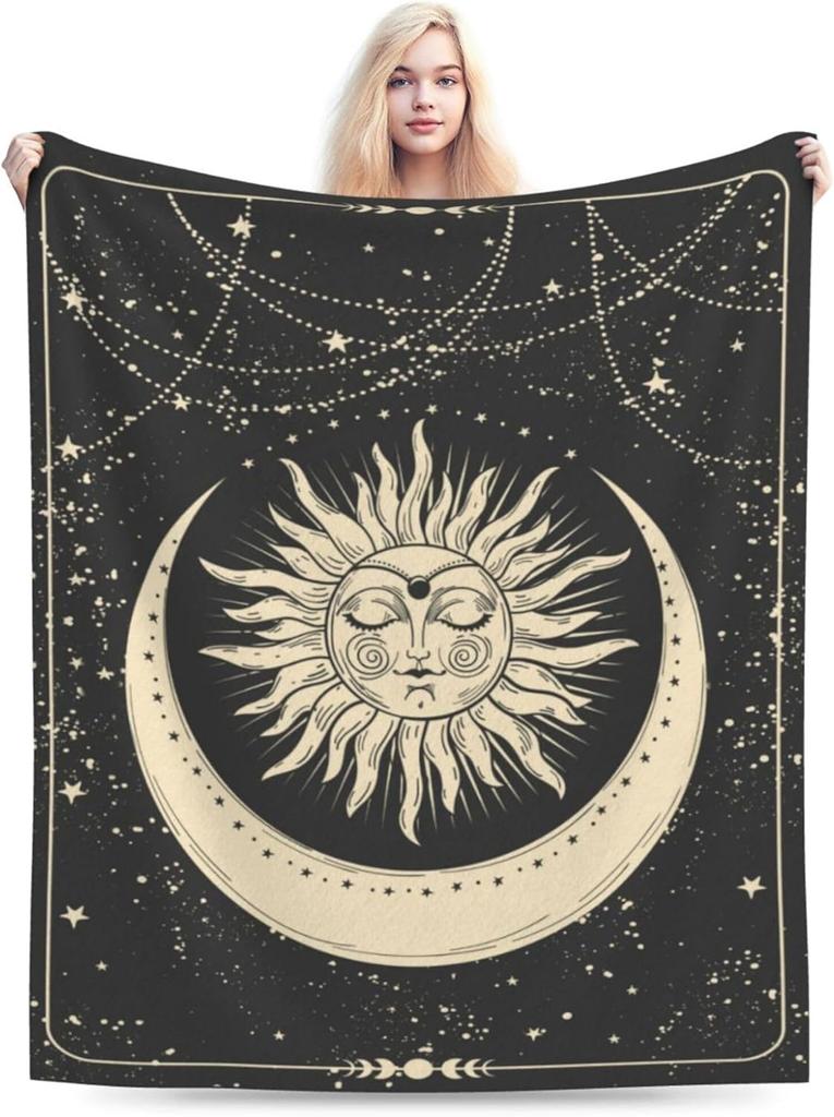 Tarot Sun and Moon Flannel Fleece Throw Blankets, Boho Sun Moon and Star Cozy Blanket On for Home Bedroom Living Room Office Dor