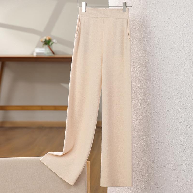 Dámské podzimní/zimní splývavé pletené kalhoty s vysokým pasem a širokými nohavicemi ze 100% vlny – Měkké, všestranné, ležérní, až na zem