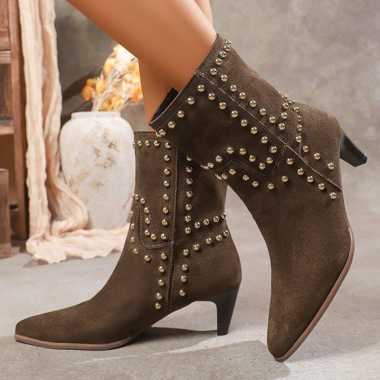Women's Plus Size New Autumn Nubuck Rivet Stiletto Mid-Calf Martin Boots