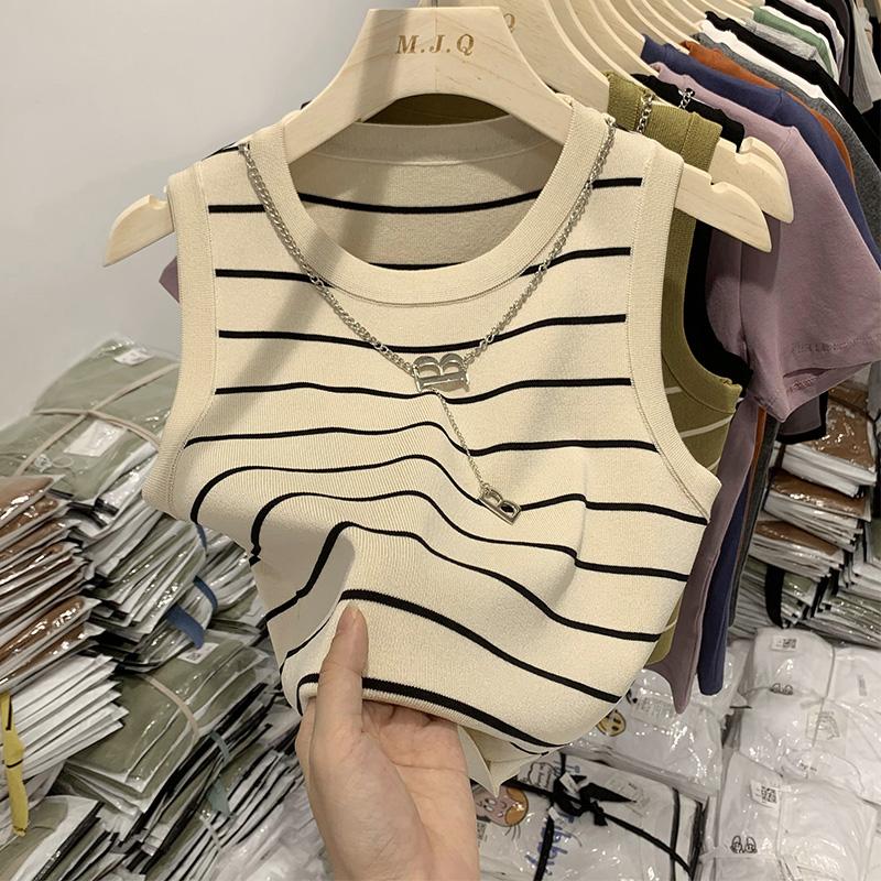 New Waistcoat Women Wear Striped Wide Edge Temperament Summer Top Short Knit Sleeveless Bottom Shirt