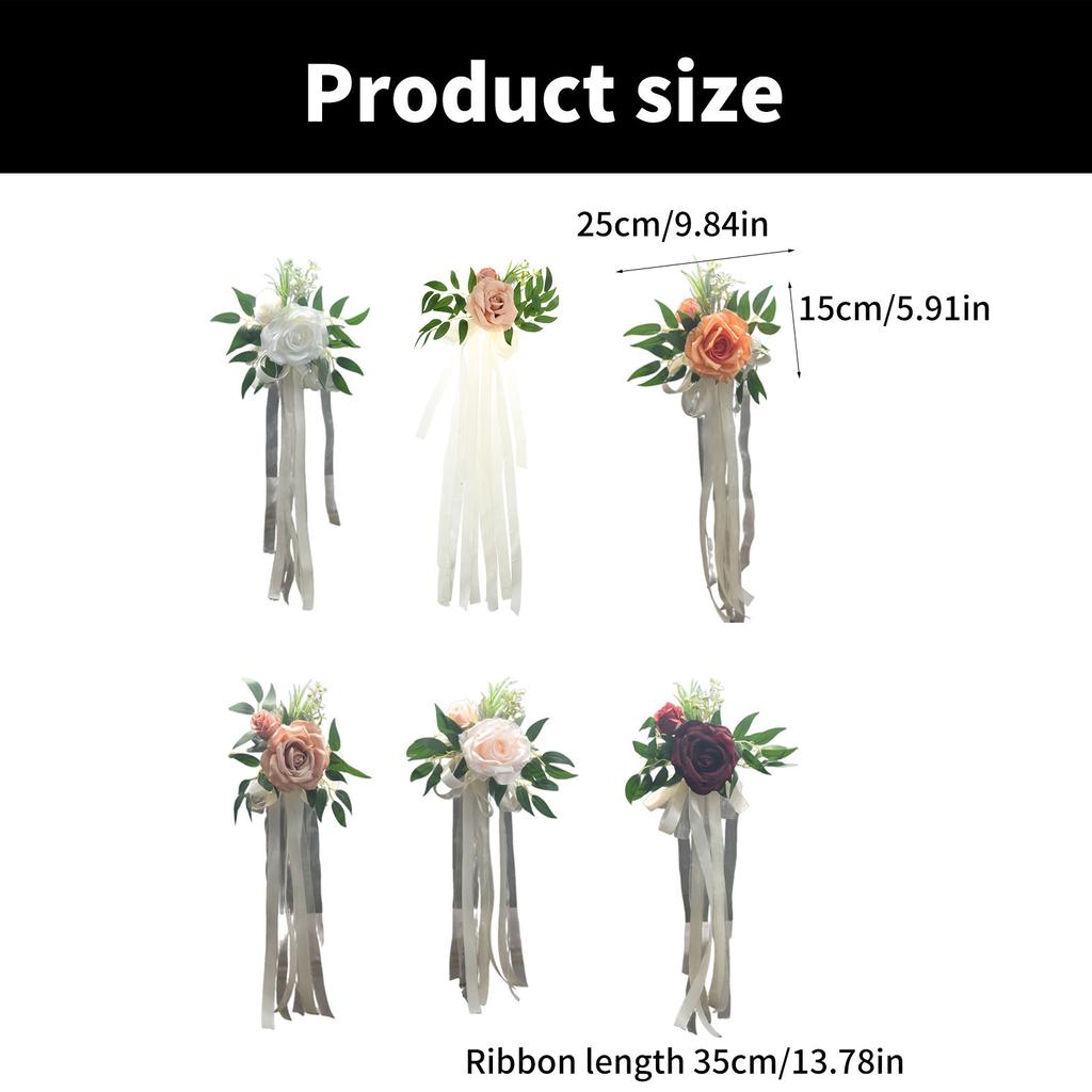 6 Stück elegante weiße künstliche Blumenstuhldekorationen, Bänke, Kirchenbänke, Blumen mit Bändern für Hochzeitsgang, Party-Versorgung